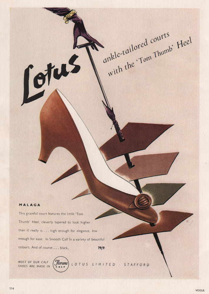 Lotus ankle-tailored courts. 'Tom Thumb' Heel. Malaga. Fashion advert 1955